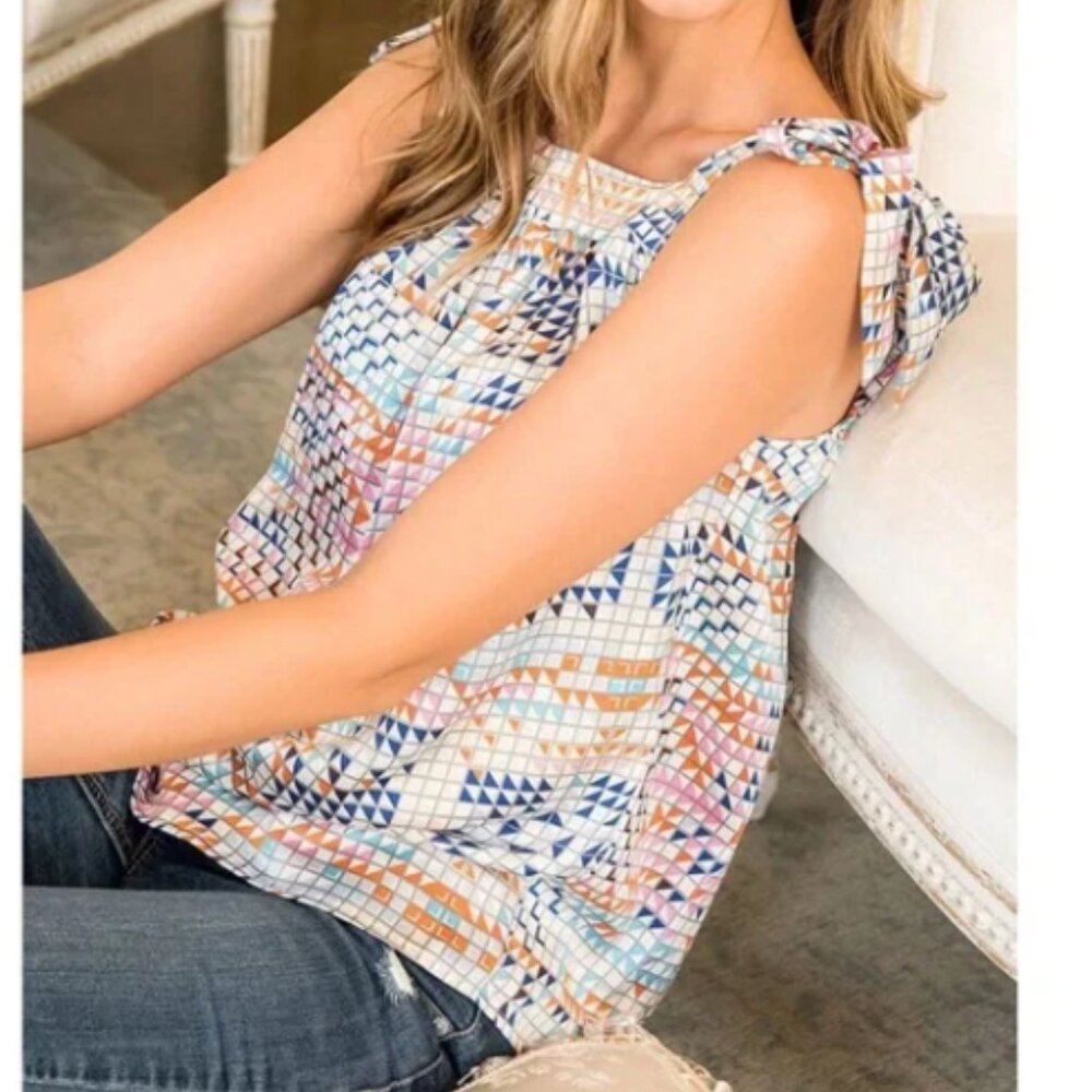 THML Geometric Print Bow Tie Strap Tank Top